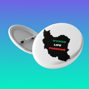 Women life freedom button, simple pin in the colors of the Persian flag text placed on the map of Iran. Zan zendegi azadi badge