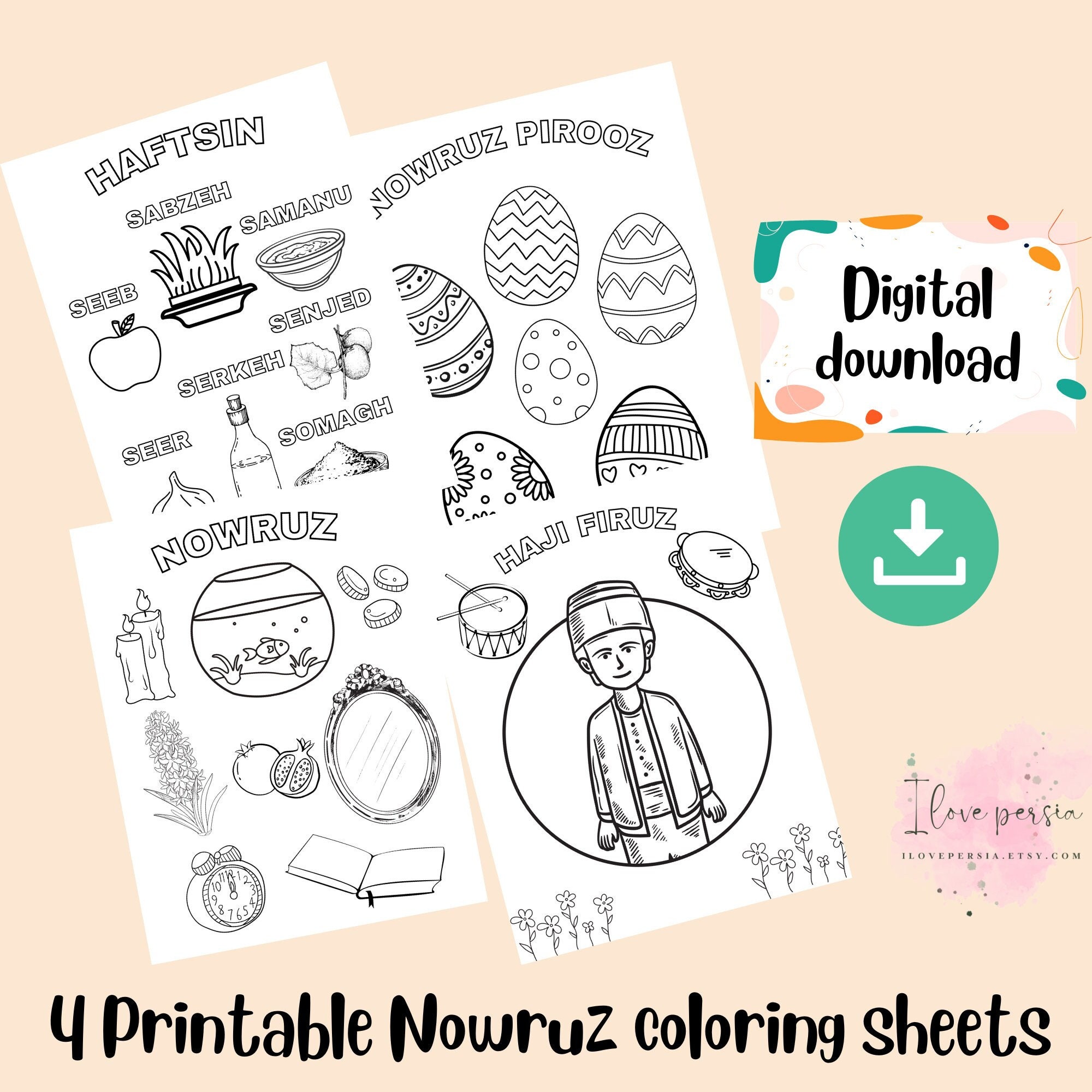 Nowruz Printable Coloring Sheets, Digital Haftsin, Nouruz Table, Eggs ...