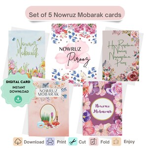 5 tarjetas Nowruz Mobarak, tarjeta Happy Nowruz imprimible, tarjeta de año nuevo persa, tarjetas Happy Nowruz Descarga instantánea. Tarjeta de deseos de Nowruz.