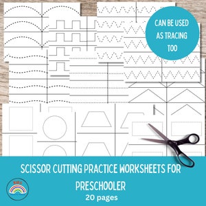 May include: Black and white printable scissor cutting practice worksheets for preschoolers. The worksheets feature various shapes, lines, and patterns for cutting practice. The text "CAN BE USED AS TRACING TOO" is included on the page. There are 20 pages in total.