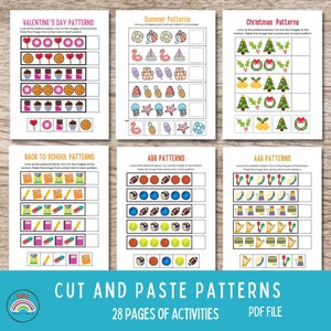 Cut and Paste Patterns, 28 pages, Learning Patterns worksheets for Toddlers/Preschool, Scissor skill, Fine motor skill, Kindergarten sheets
