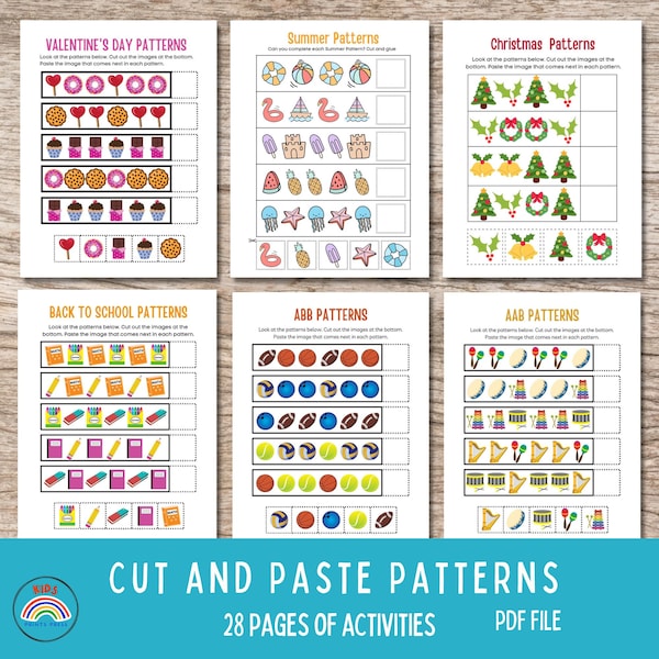 Cut and Paste Patterns, 28 pages, Learning Patterns worksheets for Toddlers/Preschool, Scissor skill, Fine motor skill, Kindergarten sheets