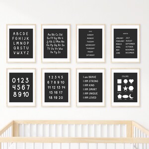 Paquete de carteles educativos en blanco y negro, alfabetos, números, días, carteles de meses, paquete de carteles educativos simples