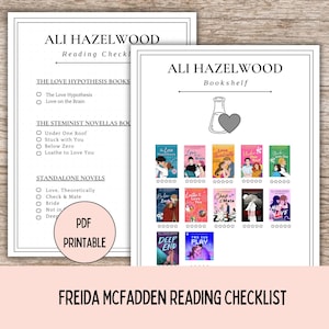 Puede incluir: Una lista de lectura imprimible para los libros de Ali Hazelwood. La lista incluye la serie "Love Hypothesis", las novelas "The STEMinist" y novelas independientes. La lista también incluye una estantería con portadas de los libros.