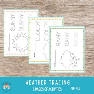 May include: Six printable tracing pages for kids featuring weather themes. The pages include a sun, a cloud, and a cloud with raindrops. Each page has a dotted line for tracing and a space for a name.