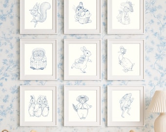 Peter Rabbit Nursery Art Prints, Blue Toile Animals Set (Digital Download)