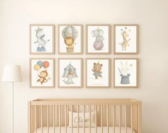 Juego de 8 láminas de animales de circo para habitación infantil / Arte mural para bebé / Descarga instantánea