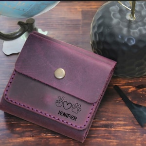 Cartera de cuero genuino para mujer, hecha a mano y personalizada en color morado / Cartera pequeña de cuero genuino, la más práctica
