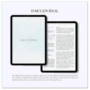 Pode incluir: Uma interface de aplicativo de diário digital diário na tela de um tablet. O aplicativo apresenta um fundo azul claro com uma caixa de texto branca que diz "DIÁRIO DIÁRIO". O aplicativo também inclui um planejador diário com seções para acompanhar as refeições, o exercício e as reflexões pessoais.