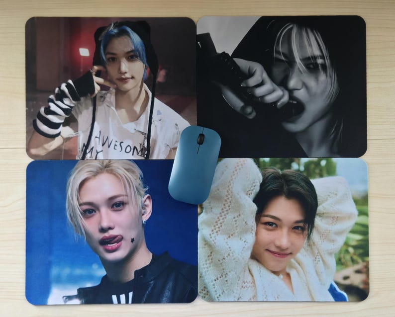May include: Four rectangular mouse pads featuring images of a person. One pad has the word "AWESOME" on a shirt. A blue wireless mouse is placed on the pads. The pads have a glossy finish.