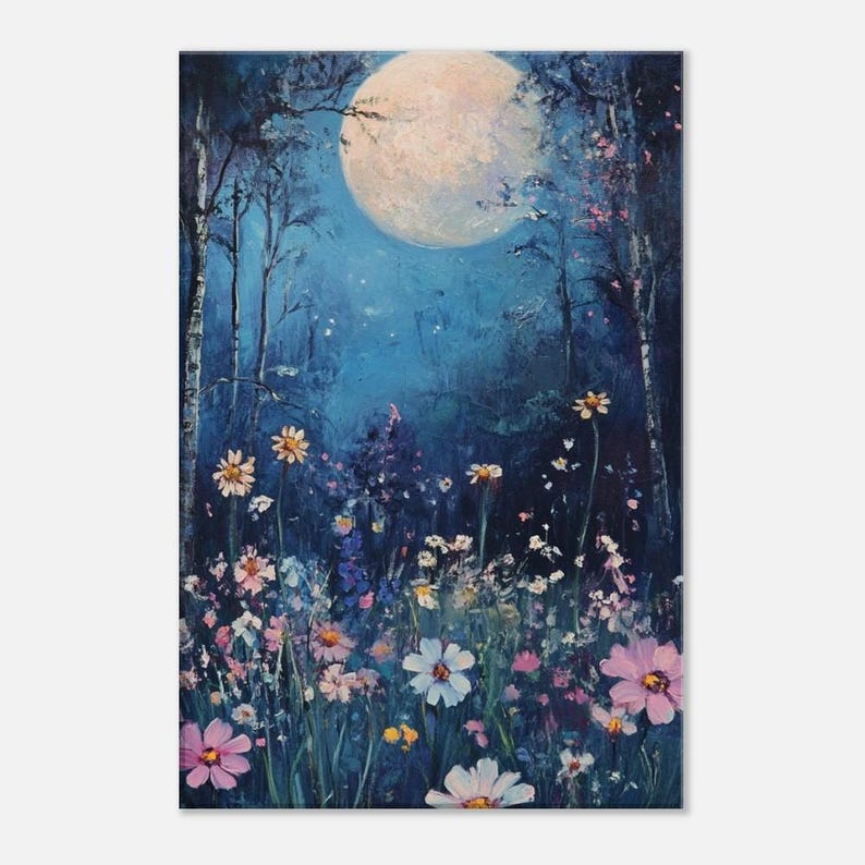 Nature Oil Painting Printed Canvas, Moon, Moonlight, Flowers, Sky