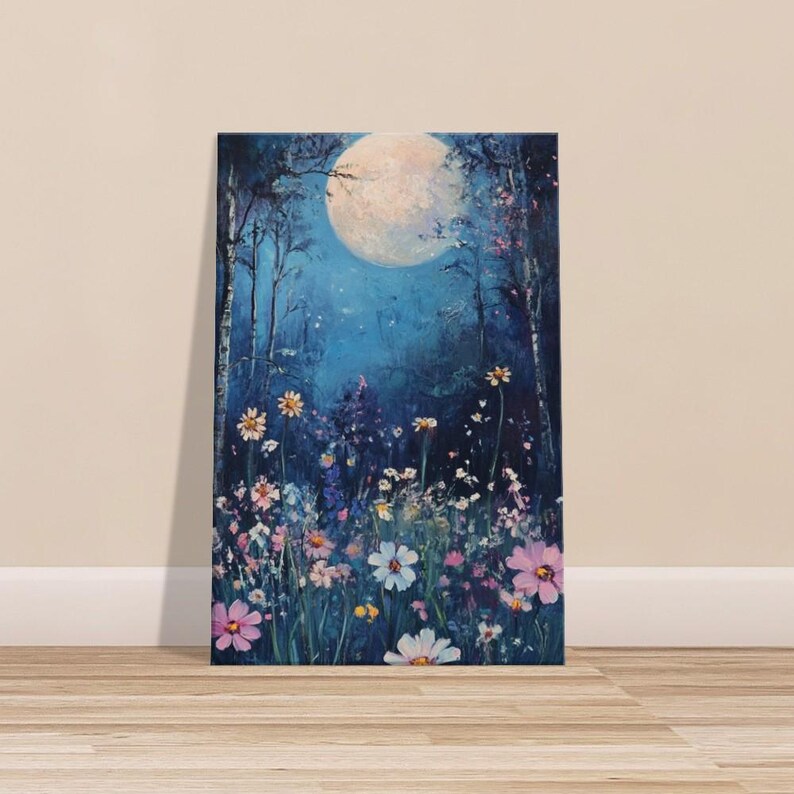 Nature Oil Painting Printed Canvas, Moon, Moonlight, Flowers, Sky