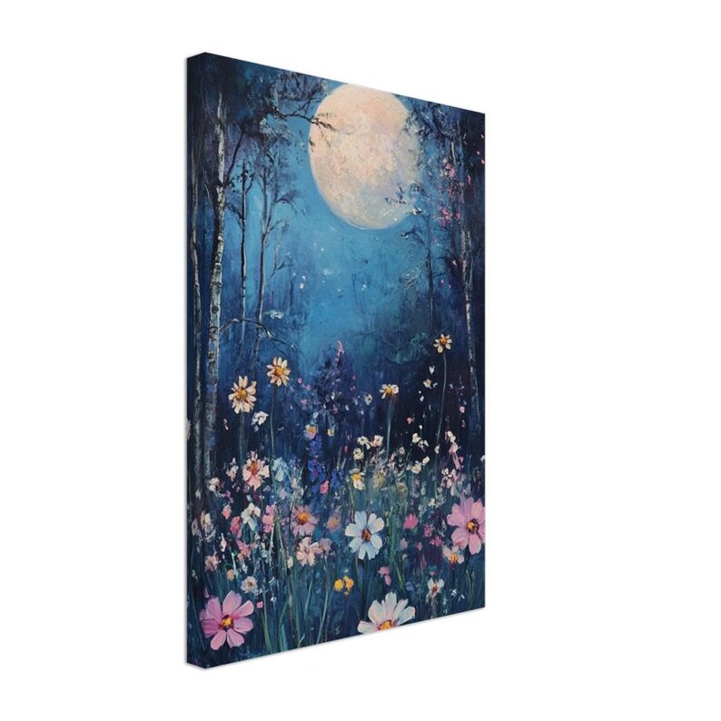 Nature Oil Painting Printed Canvas, Moon, Moonlight, Flowers, Sky