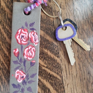 Roses, Unique Leather Keychain, Hand painted, Repurpose/Reuse Material, Mystic Spiral, Gift, Key Protector