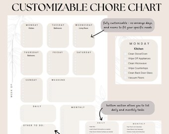 May include: A customizable chore chart with a beige background and black text. The chart is divided into daily, weekly, and monthly sections. Each section has a list of chores to be completed. The chart is designed to help people stay organized and on top of their household tasks.