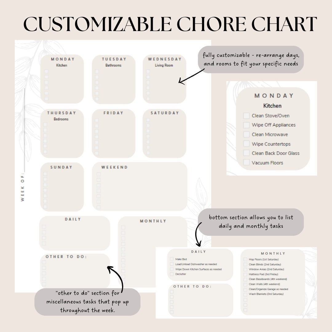 Chore Chart - Customizable Template & Printable PDF - Etsy