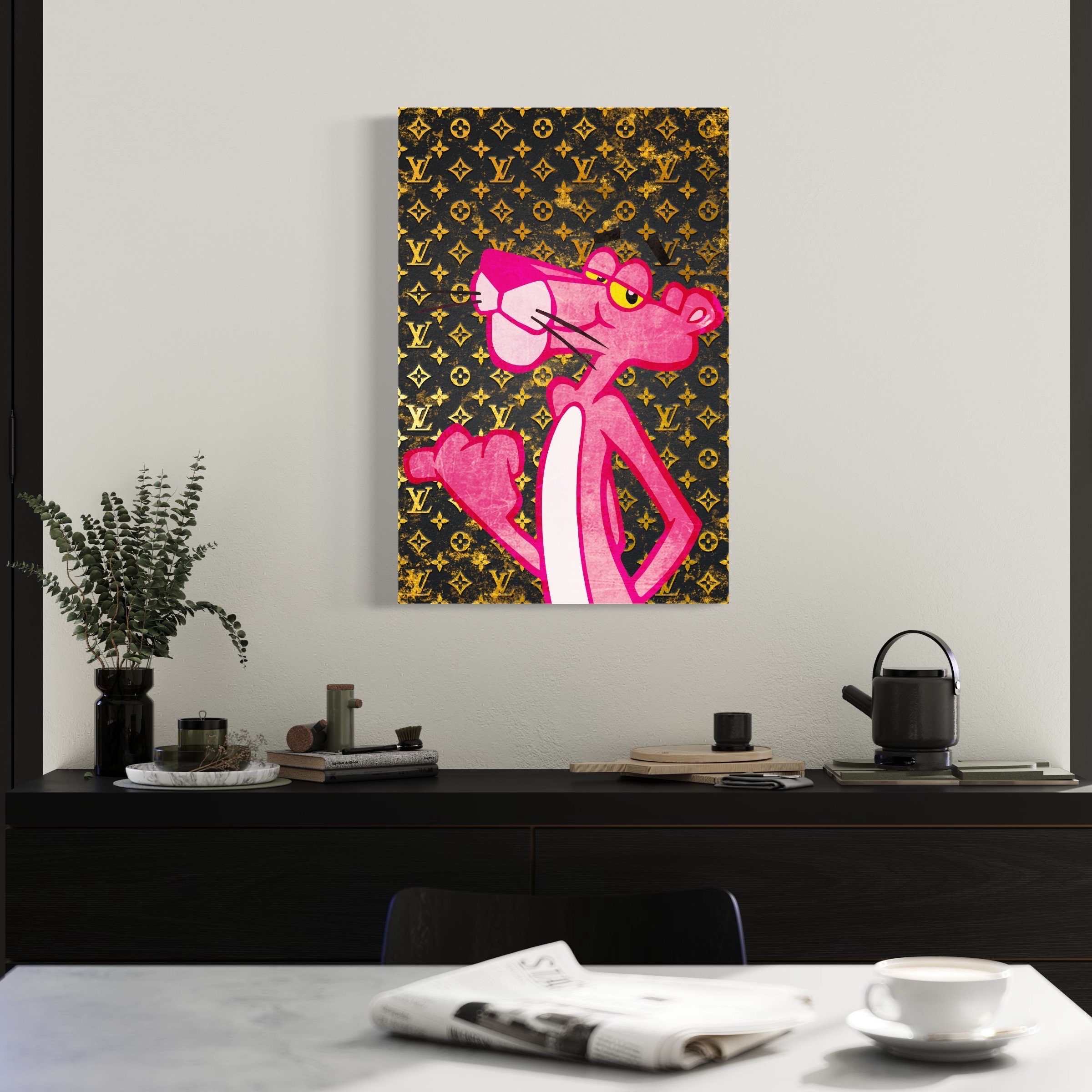 Framed Canvas Art (White Floating Frame) - LV Flower Logo Black by TJ ( Fashion > Fashion Brands > Louis Vuitton art) - 26x18 in