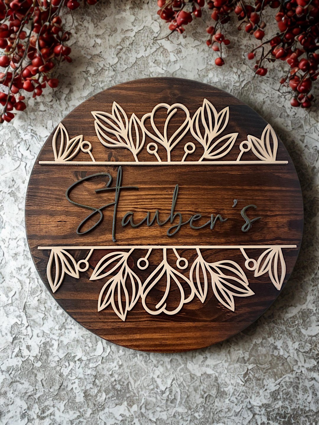 Personalized Floral Wood Family Name Sign, 17.75" Round Wall Decor - Etsy