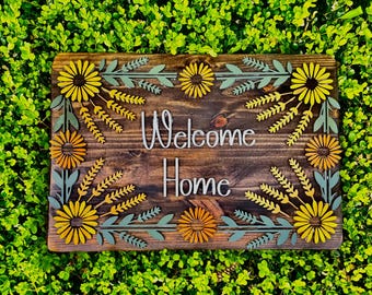 Handmade Rustic Sunflower Welcome Home Sign: Farmhouse Front Porch Decor