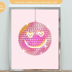 Roze discobal digitale muurkunst, trendy digitale muurkunst, slaapzaal kunst aan de muur, collegezaal, digitale muurkunst, afdrukbare muurkunst, roze