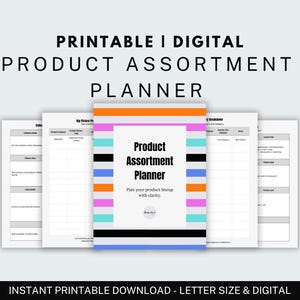 以下が含まれることがあります： 「Product Assortment Planner」のテキストが特徴的な、カラフルな表紙の製品品揃えプランナー。プランナーは他の計画ページに囲まれています。「PRINTABLE | DIGITAL PRODUCT ASSORTMENT PLANNER」のテキストが上部にあります。下部のテキストは「INSTANT PRINTABLE DOWNLOAD - LETTER SIZE & DIGITAL」と書かれています。