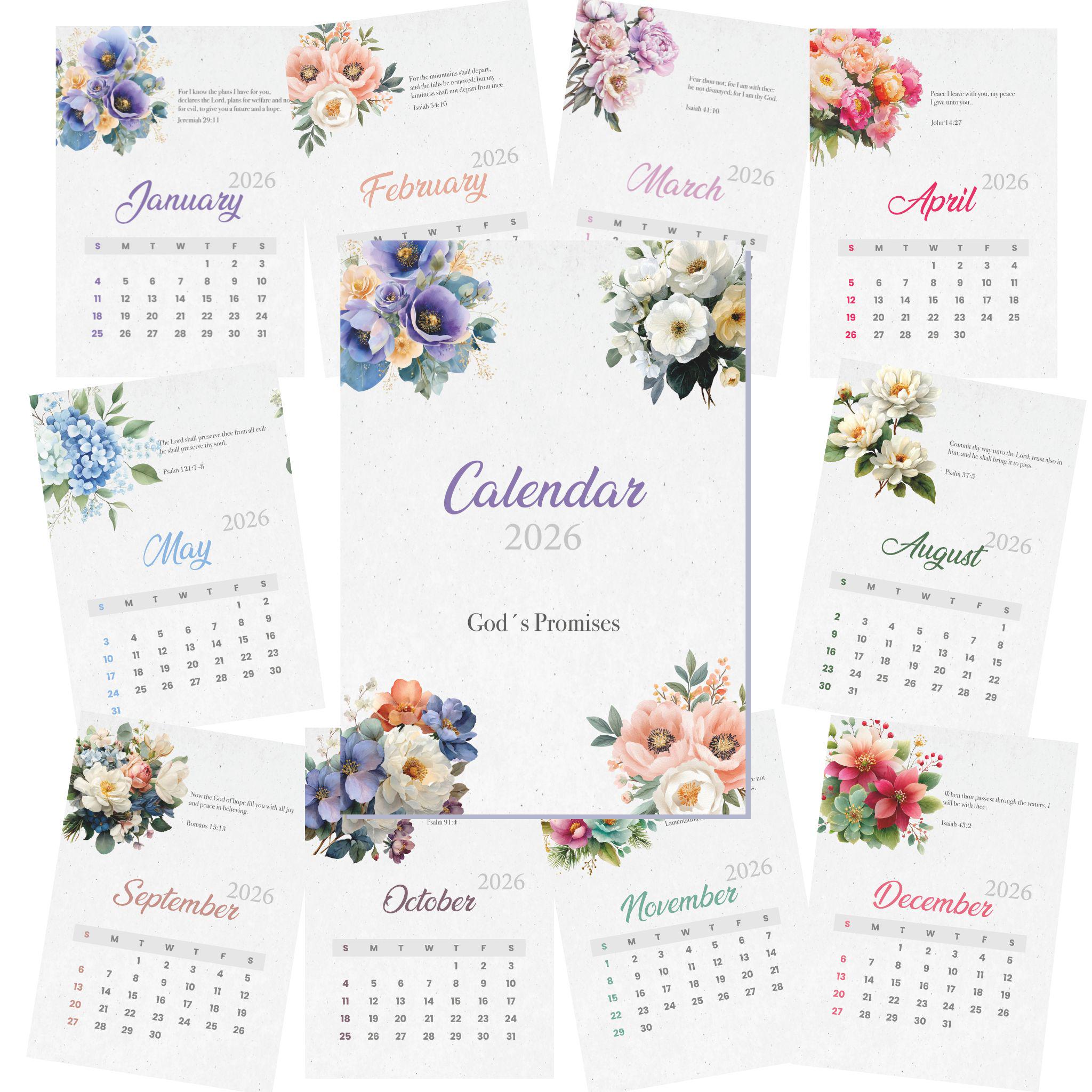 2026 Bible Verse Calendar | God's Promises | Floral Christian Printable ...