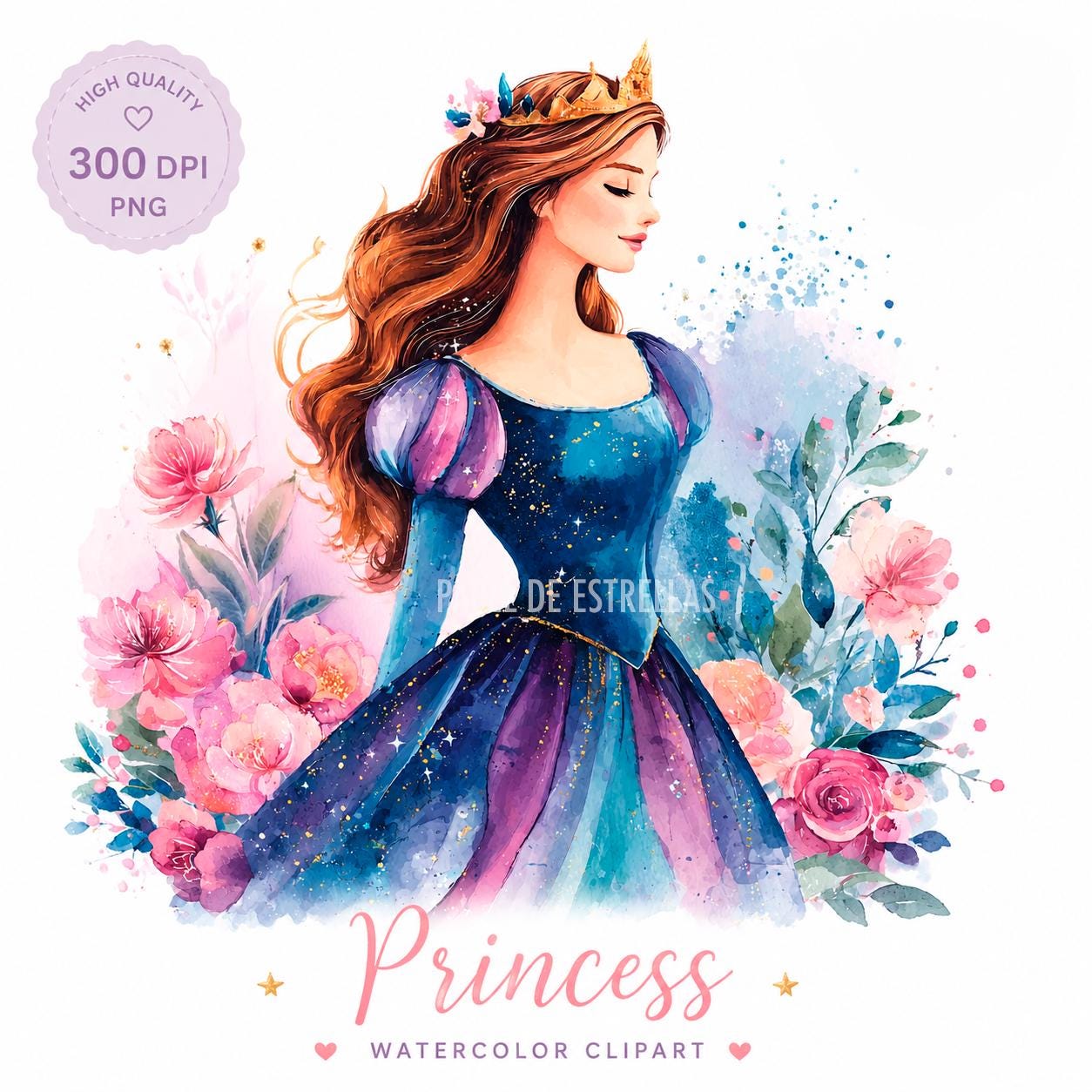 Watercolor Princess Clipart PNG — Fairy Tale Floral Illustration for ...