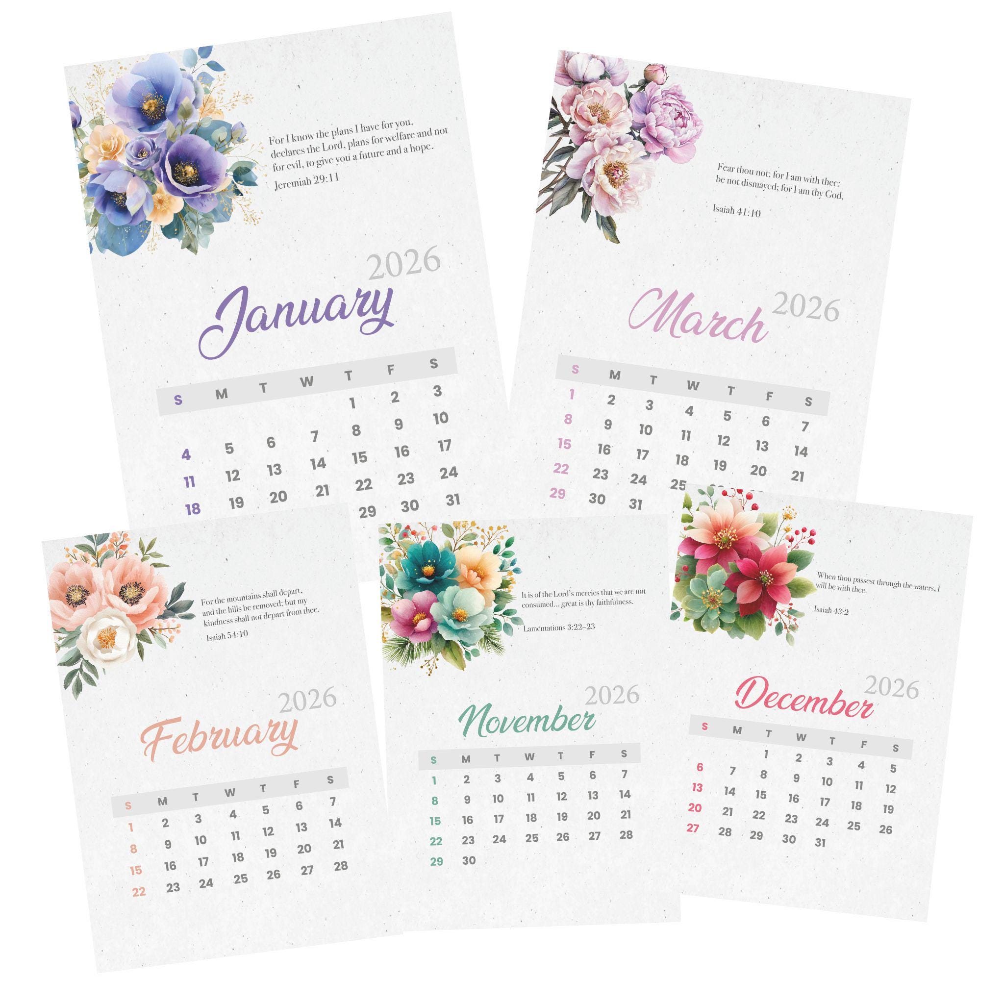 2026 Bible Verse Calendar | God's Promises | Floral Christian Printable ...