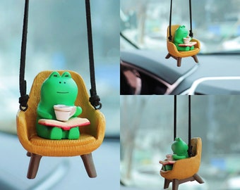 Cute Swinging Mini Frog in chair-Drinking Coffee Frog-Car Rearview Mirror Hanging Accessories-Car Decor for Women-Car Pendant-New Car Gift