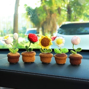 Handmade Knitted Flowers Car dashboard decor/Car Accessories/Knitted Potted Plants/crochet Rose Sunflower car decor for women/Gift for her