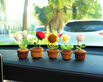 Handmade Knitted Flowers Car dashboard decor/Car Accessories/Knitted Potted Plants/crochet Rose Sunflower car decor for women/Gift for her
