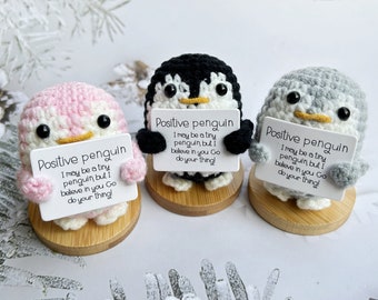 Adorable Mini Crochet Penguin with Positive Quote-Handmade Plush Baby Penguin-Deck Buddy-Car Dashboard decor-Valentines Day Gift for her