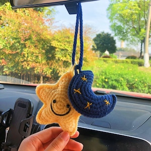 Crochet Sun Star Moon,Smiling face,Car Rearview Mirror Hanging Accessories,Handmade Crochet Gift for Car,Car Decor For Woman,Car Hangings