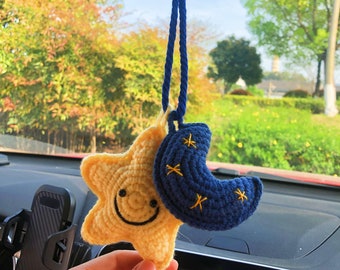 Crochet Sun Star Moon,Smiling face,Car Rearview Mirror Hanging Accessories,Handmade Crochet Gift for Car,Car Decor For Woman,Car Hangings