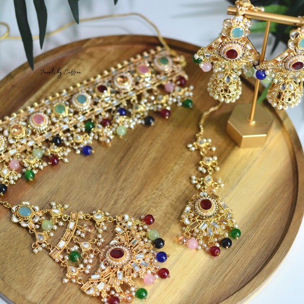 JULKA: Choker with Jhoomar, Tikka, Earrings / Multi {Indian Pakistani Bangladeshi South Asian Desi Bridal Nikkah Wedding Bollywood}