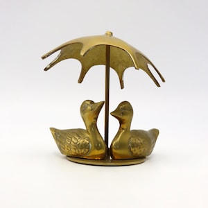 Vintage Brass Tone Ducks under Umbrella Ornament | Brass Figurine