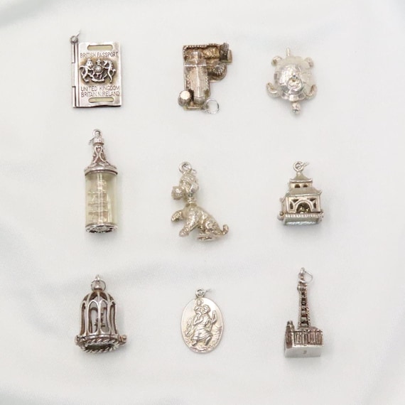 Vintage Sterling Silver Charms | Hallmarked silver | Nuvo, Georg Jensen, St Christopher, Articulated Turtle, Pagoda temple