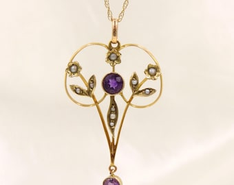 Antique Edwardian 9ct Gold Amethyst and Seed Pearl Lavalier Pendant