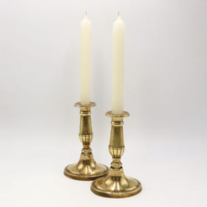 Vintage Pair of Brass Candlestick Holders | Tapered Design with Oval Base | Height 16cm