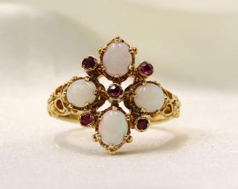 Vintage 9ct Gold Opal and Ruby Ring, Size L, Hallmarked London, 1973 MK