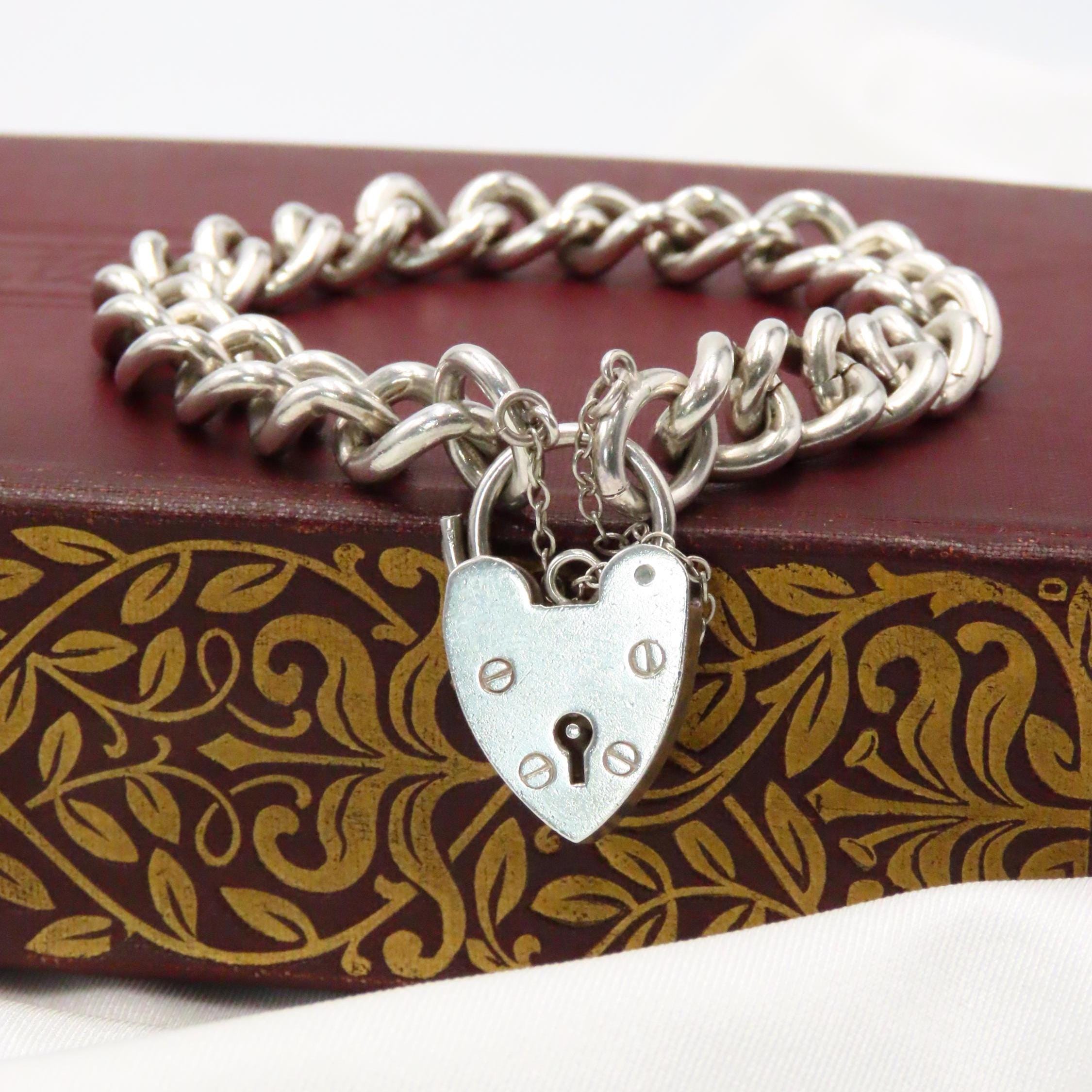 Vintage Sterling Silver Curb Link Charm Bracelet with Heart Padlock - Heavy | Hallmarked Birmingham, 1970 | 39.24g