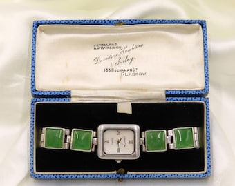Pre-loved Sterling Silver and Jadeite 'Jewel Time' Quartz Bracelet Watch