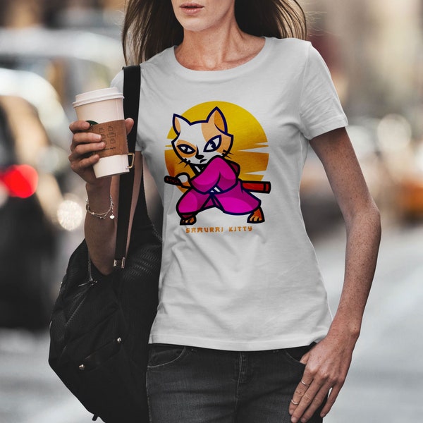 Samurai Kitty T-Shirt, Samurai T Shirts, Japanese Shirt, Funny Cat Shirt, Animal Prints, Gifts, Zen T-shirt Yoga T-Shirt, Boho T-Shirt, Gift