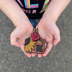 Sunflower XL Hand Tooled Leather Cowtag Keychain