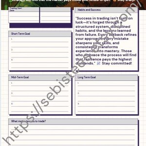May include: A white and purple trading goals planner with text that reads "Trading Goals". The planner includes sections for short, mid, and long-term goals, as well as a section for habits and success.