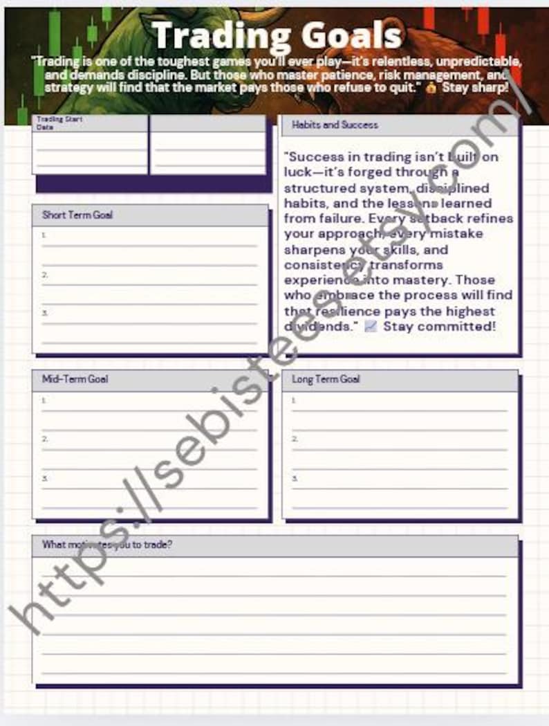 May include: A white and purple trading goals planner with text that reads "Trading Goals". The planner includes sections for short, mid, and long-term goals, as well as a section for habits and success.