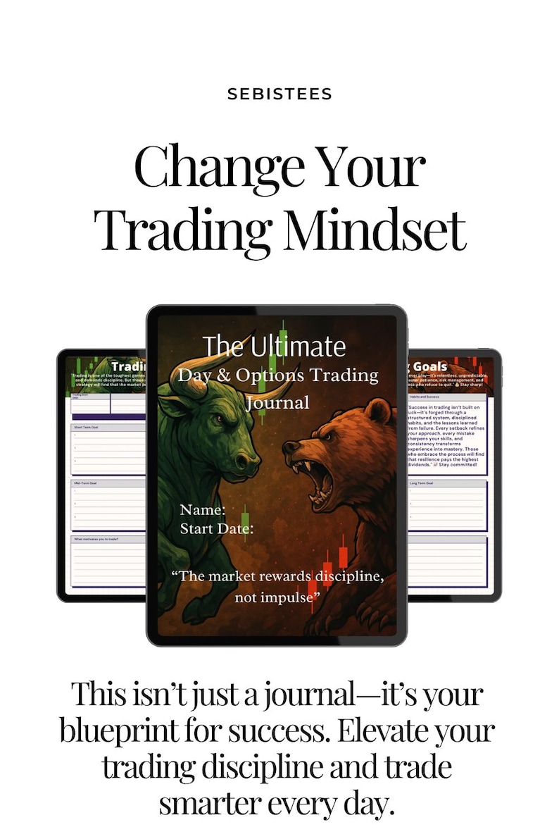 May include: Image of three digital tablets. The center tablet displays "The Ultimate Day & Options Trading Journal" with a bull and bear graphic. Text reads "Change Your Trading Mindset". The other tablets show trading templates.