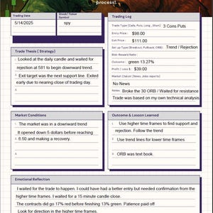 May include: A trading journal with the title "Trading Journal" and the quote "Successful trading isn't about predicting the future-it's about managing risk, staying disciplined, and adapting to what the market gives you." The journal includes sections for trade details, market conditions, and lessons learned.