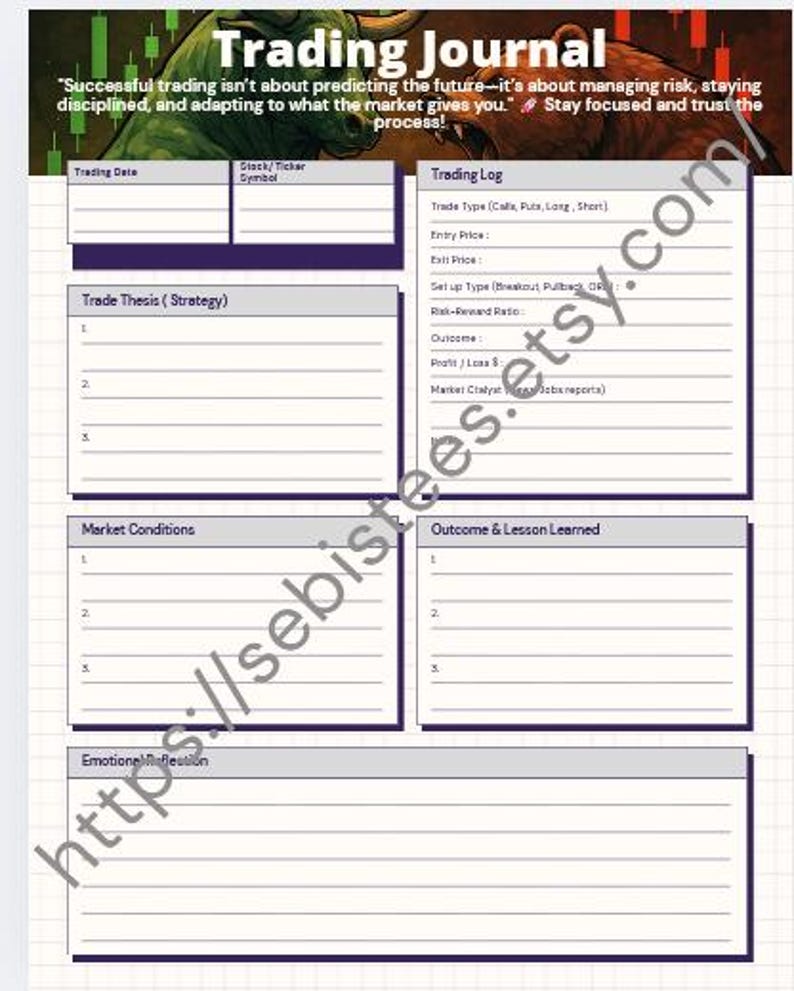 May include: A printable trading journal with a bull and bear graphic at the top. The journal includes sections for trade details, strategy, market conditions, and lessons learned. The title "Trading Journal" is displayed prominently.