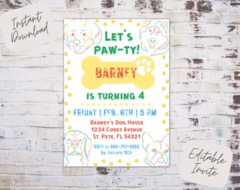 Editable dog birthday party invitation, let's pawty, puppy party invite, puppy birthday, paw-ty invite, instant download